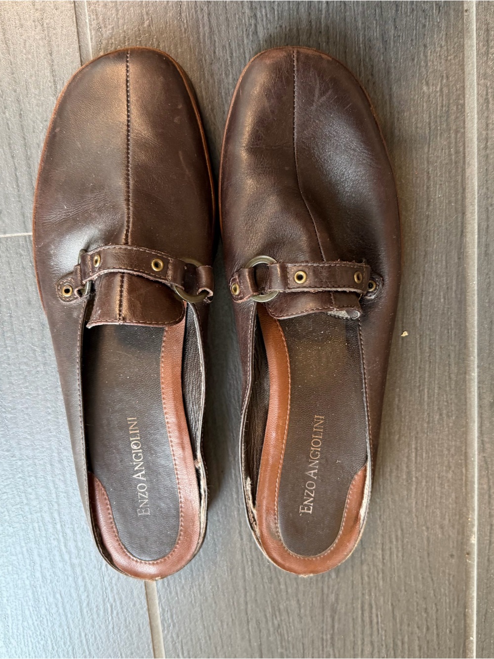 Enzo Angiolini Brown Leather Slip-On Loafers with Buckle